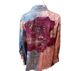 Pinot Noir Wine Lover Floral Button-up Shirt LARGE Oversized Upcycle Unique